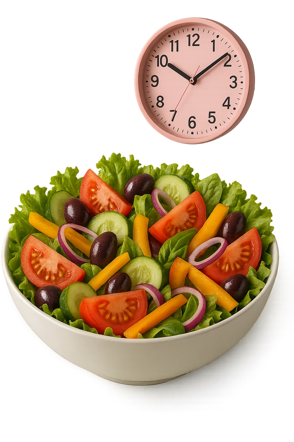 bowl con insalatona e orologio da muro rosa che le fluttua dietro che simboleggia una cena fatta in ritardo iperrealistici emoji