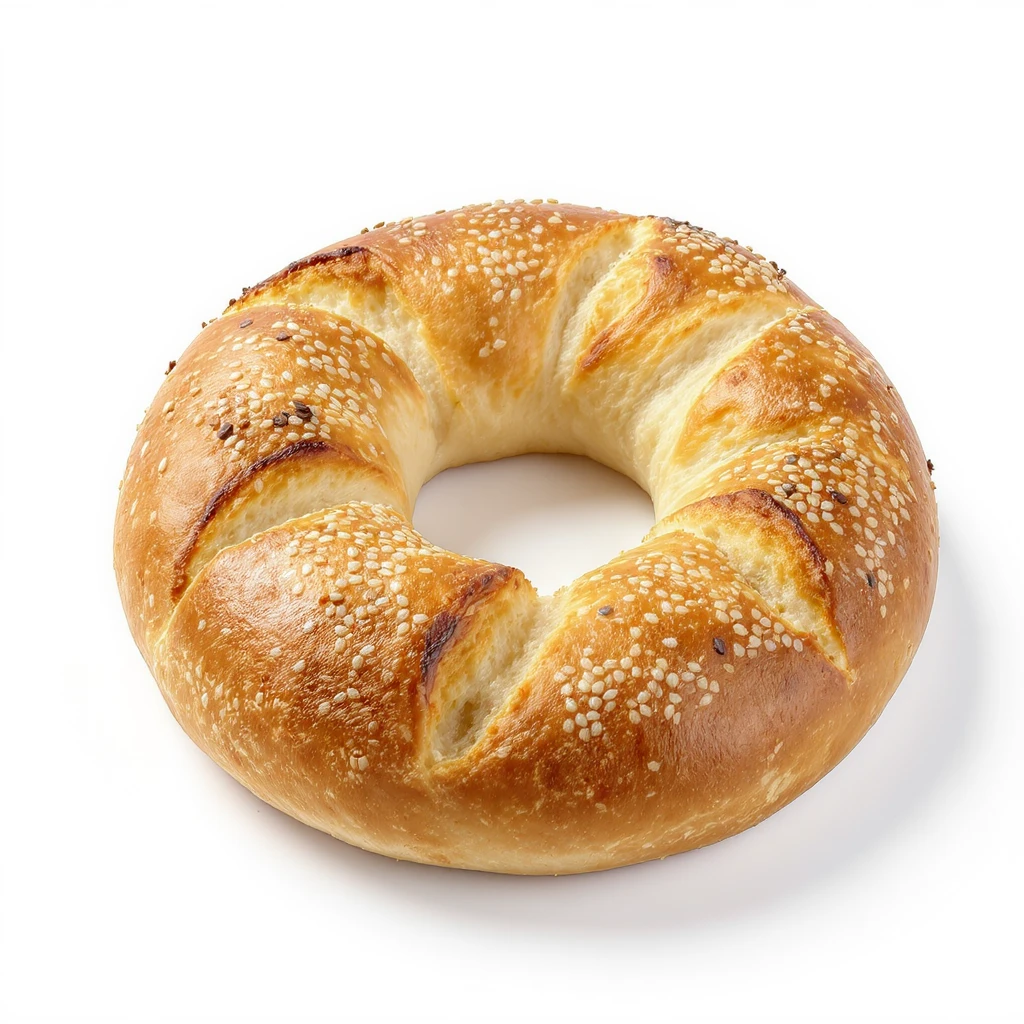 realistic golden brown simit bread with sesame seeds, appetizing, isolated on white background emoji