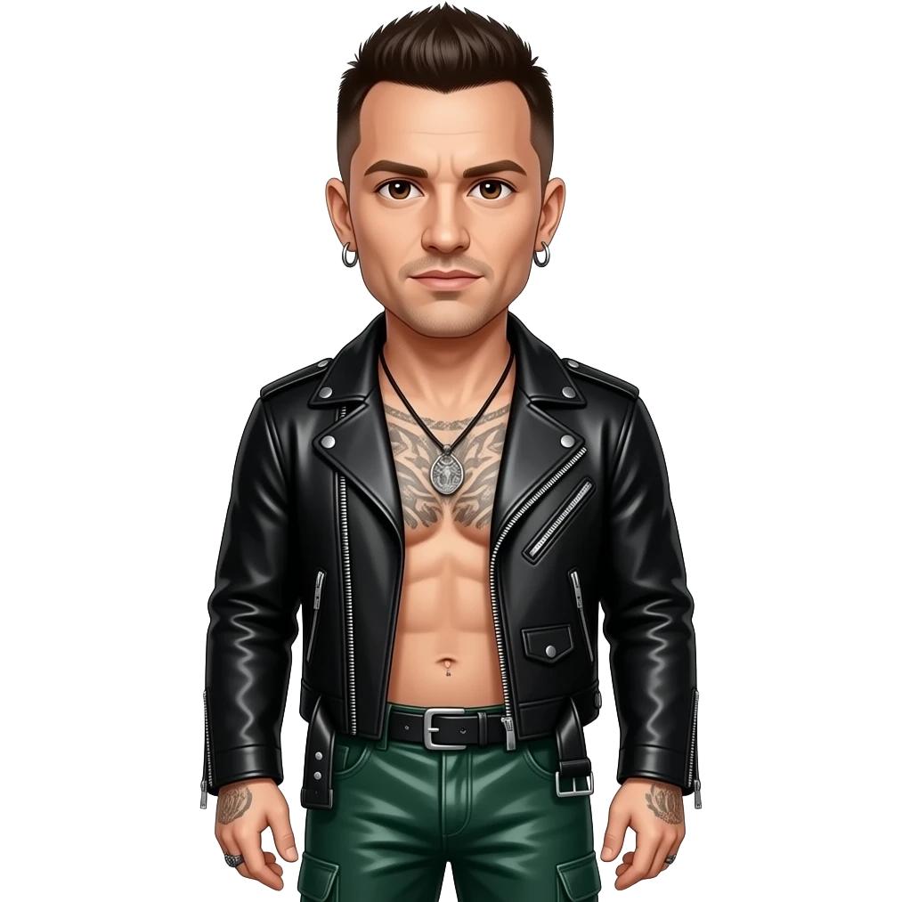 Chester Bennington with dark brown eyes, dark brown buzz cut hair, black metallic rock jacket, dark green metallic rock baggy pants, shirtless with necklace and earrings emoji