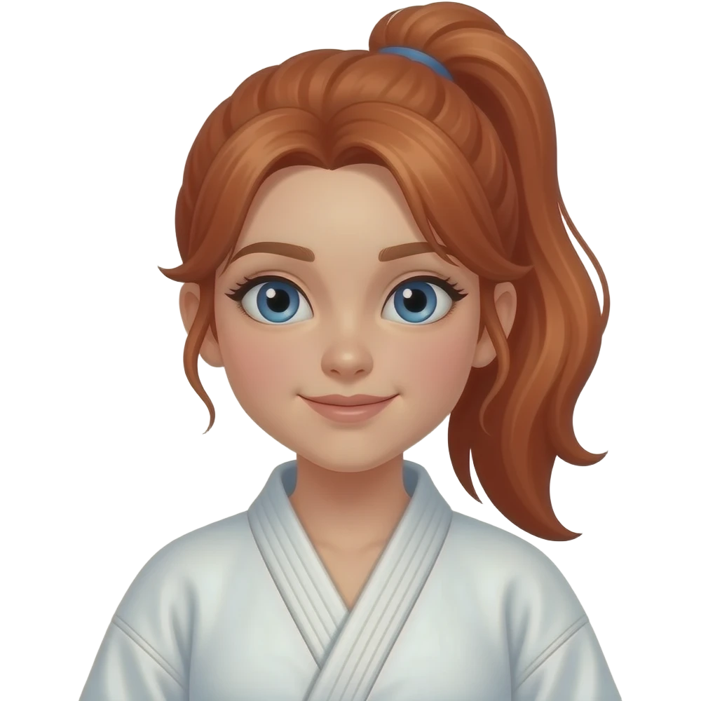 a girl with long red hair in a ponytail, 13 years old with a judopak with blue eyes emoji