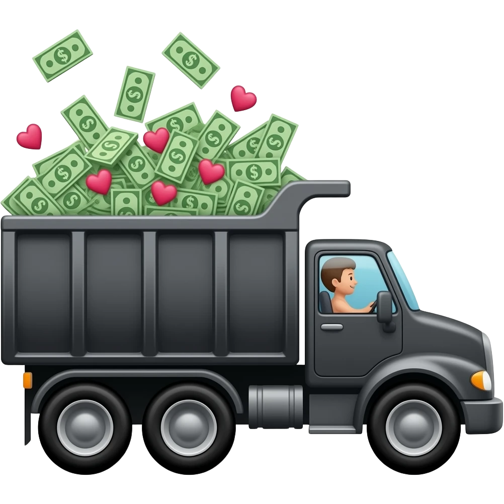 Black dump truck carrying money with hearts and gallo and with a driver   emoji