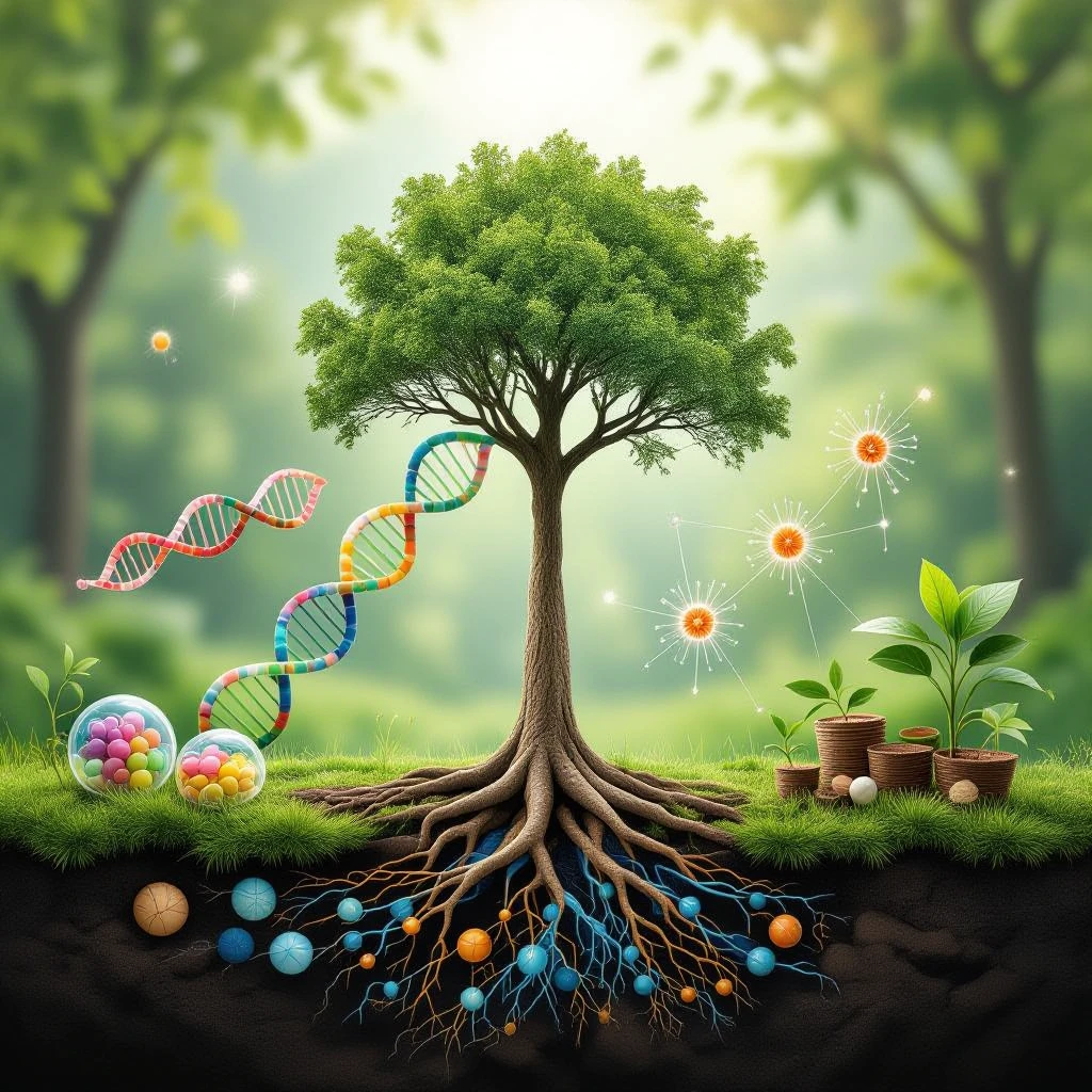 A realistic biological illustration (like in a school book) showing: DNA strands transitioning into a tree, cells with visible organelles, neurons connected to plant roots  and a balanced ecosystem background . Seamless integration, no labels or borders, white background, detailed but minimalist.  emoji