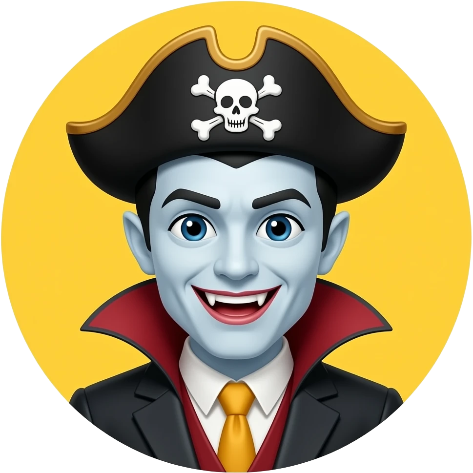 A yellow classic circle emoji but it's a smiling vampire with a pirate hat emoji