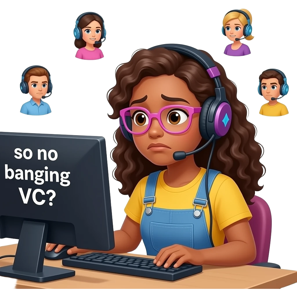 A curvy tan woman with long curly hair and pink glasses, wearing overalls and a yellow shirt, wearing a gaming headset,sitting at her computer, looking disappointed, with the words "so no banging VC?" And some floating avatars of people in gaming headsets emoji
