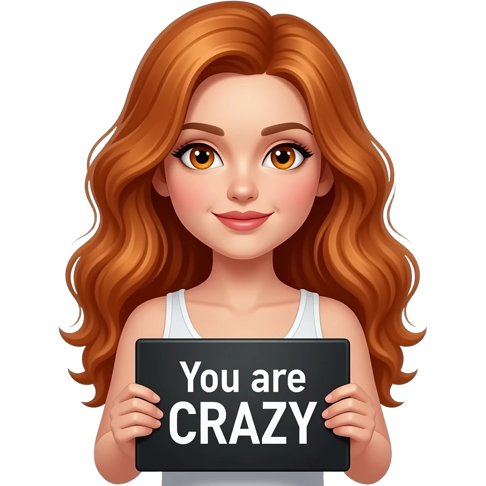 sexy girl with long wavy ginger hair and ginger eyes wearing a white tanktop is holding a black colored sign with You are CRAZY written on it emoji