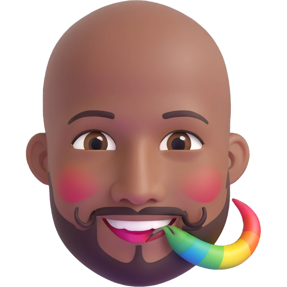 Oxumarê as a smiling 37-year-old bald man with very dark skin (2 shades darker), smooth oval head, indigenous facial features, mustache with circular beard only on chin (no hair on sides), a round mole on the right side below the lip, and a rainbow serpent wrapped around him, Memoji style emoji