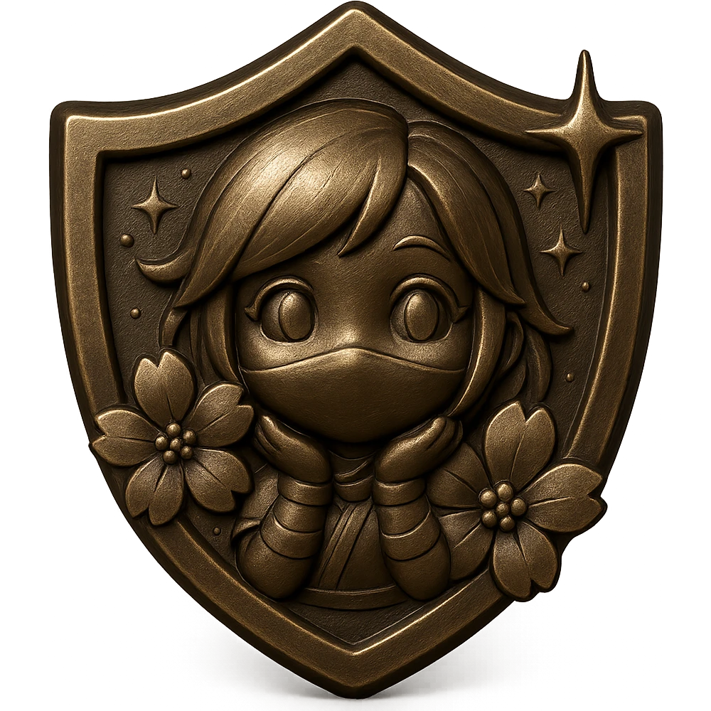 Replace the shuriken in the center of the badge with the chibi ninja girl's face from the reference image. Keep the badge's gold color, sakura flowers, sparkly effects, and overall anime style. Transparent background, sized for Twitch or Discord use. This is for the bronze to plat rank series. emoji