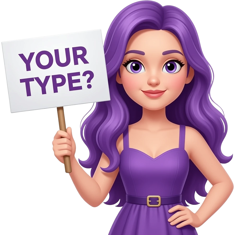 sexy girl with long purple hair dress holding a .... YOUR TYPE? sign emoji