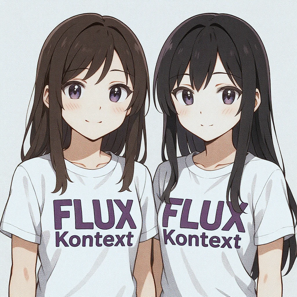 make a image of a girl with a anime version of that girl beside her wearing tshirt with text of FLUX Kontext emoji