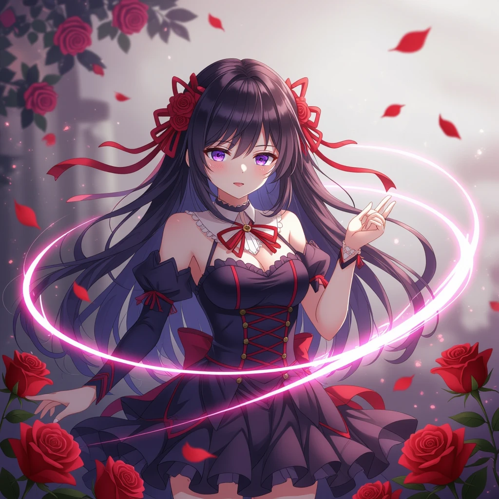anime bow, dramatic, glowing, surrounded by roses emoji