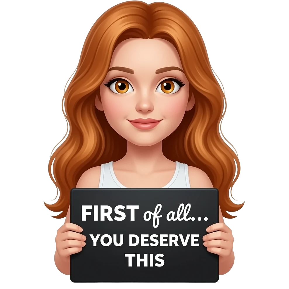 sexy girl with long ginger hair and ginger eyes wearing a white tanktop is holding a black sign with FIRST of all... YOU DESERVE THIS written on it emoji