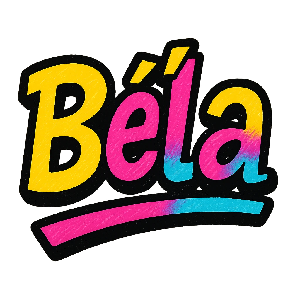 The name 'Béla' in a modern, colorful gradient font with dark outline, dynamic, slanted or partial underline, in the style of sample images. emoji