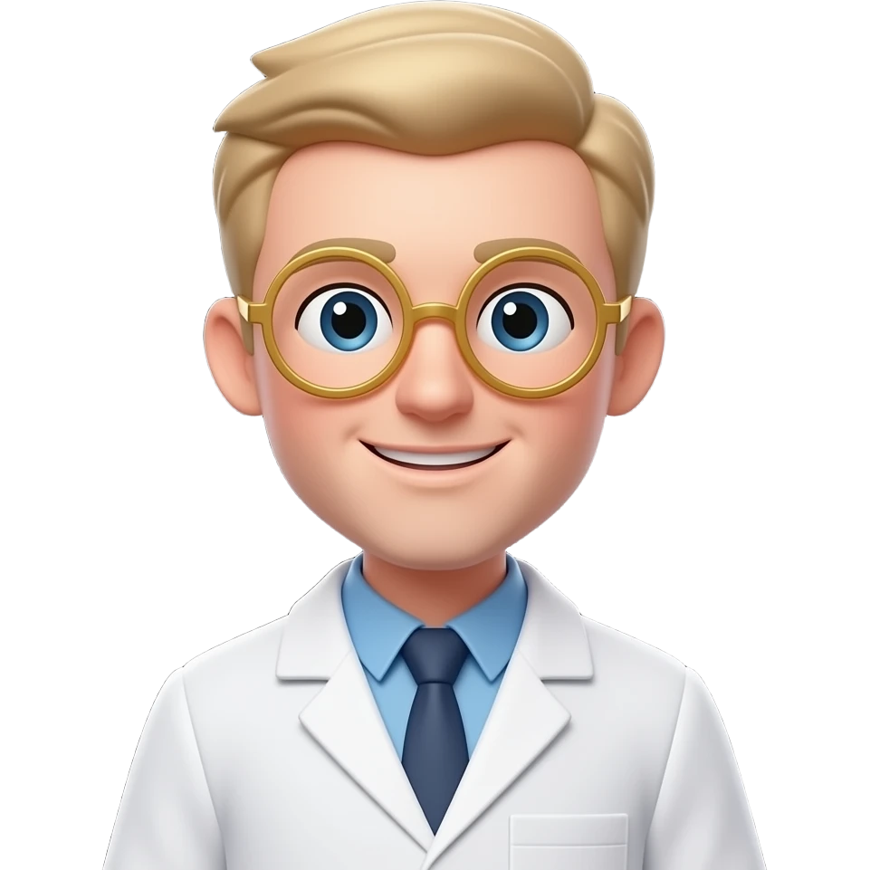 High-resolution 3D character memoji, male scientist, white skin, light blond parted hair, golden round glasses, wearing white lab coat and blue shirt, soft smiling expression, soft volumetric studio lighting, centered portrait against solid dark black background. emoji