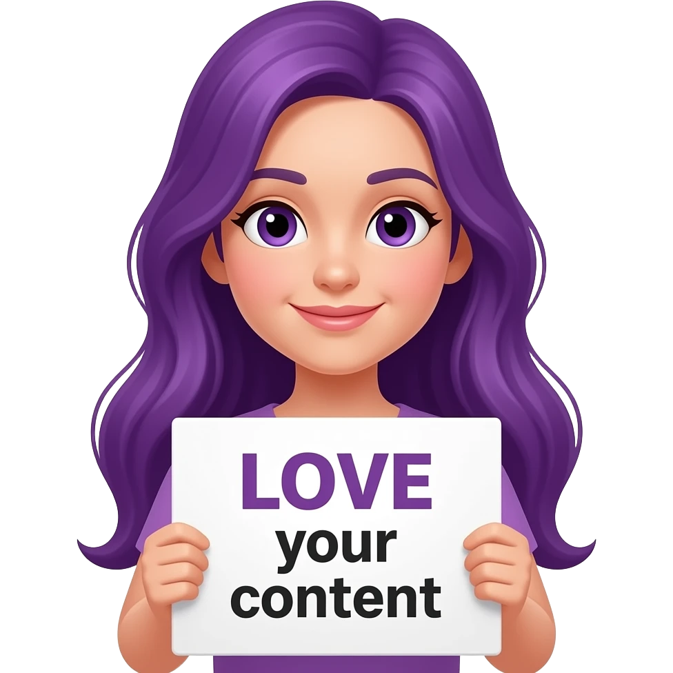 girl with long purple hair with a LOVE your content sign emoji