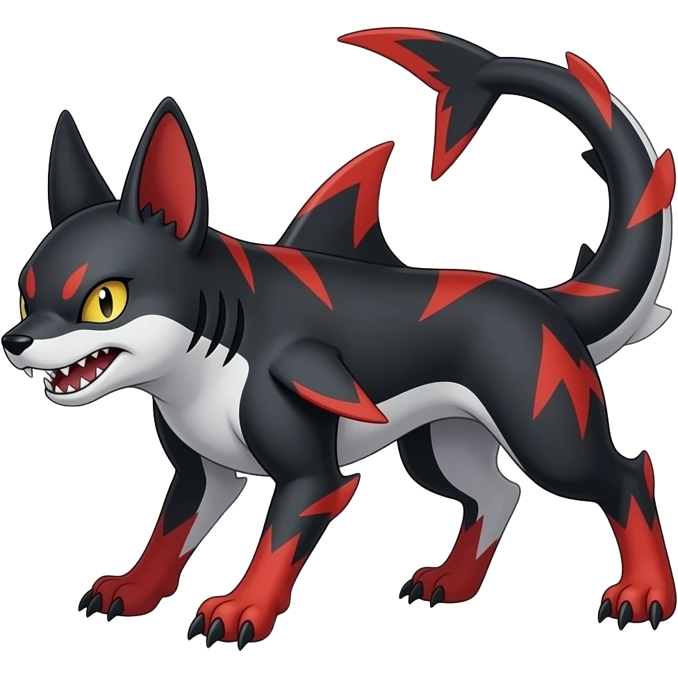 4-legged digitigrade black and red badass edgy landhai-carvanha-sharpedo-sergal-houndoom-Manectric-hybrid-fusion-creature, with a long shark tail behind, full body emoji