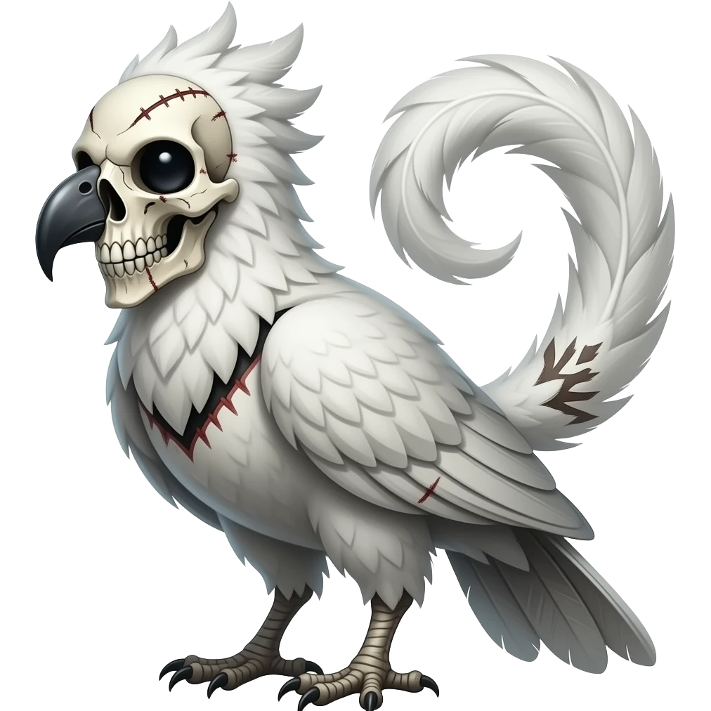 Tropical feathered-Bird-skull-masked bleak swampy white-skeletal gloomy dark pale albino foggy eldritch beautiful realistic edgy fantasy ghoul-like stitched vernid-sergal-fursona animal creature with a tufted tail full body with intricate markings emoji
