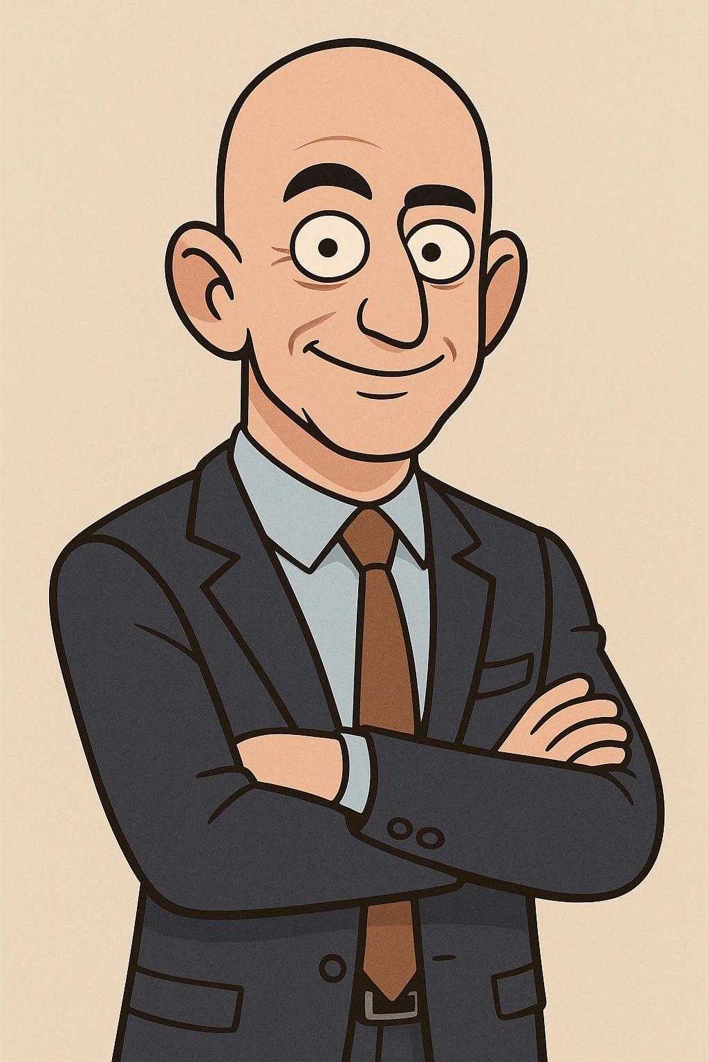 Jeff Bezos as a cartoon character, business attire, confident expression, bald head, fun and recognizable style emoji