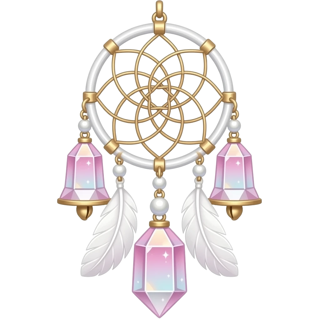 Hanging Iridescent pastel pink sakura crystals white-pearly suncatcher dreamcatcher with bells and feathers emoji