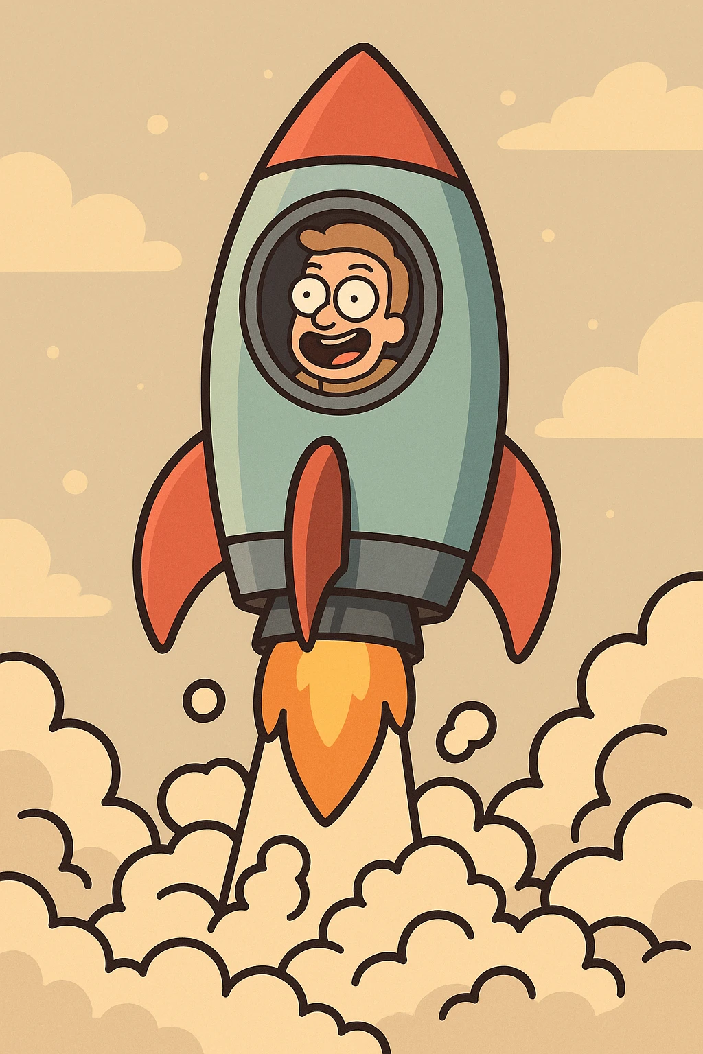 a rocket ship blasting off, vibrant colors, cartoon smoke, flat toon style emoji