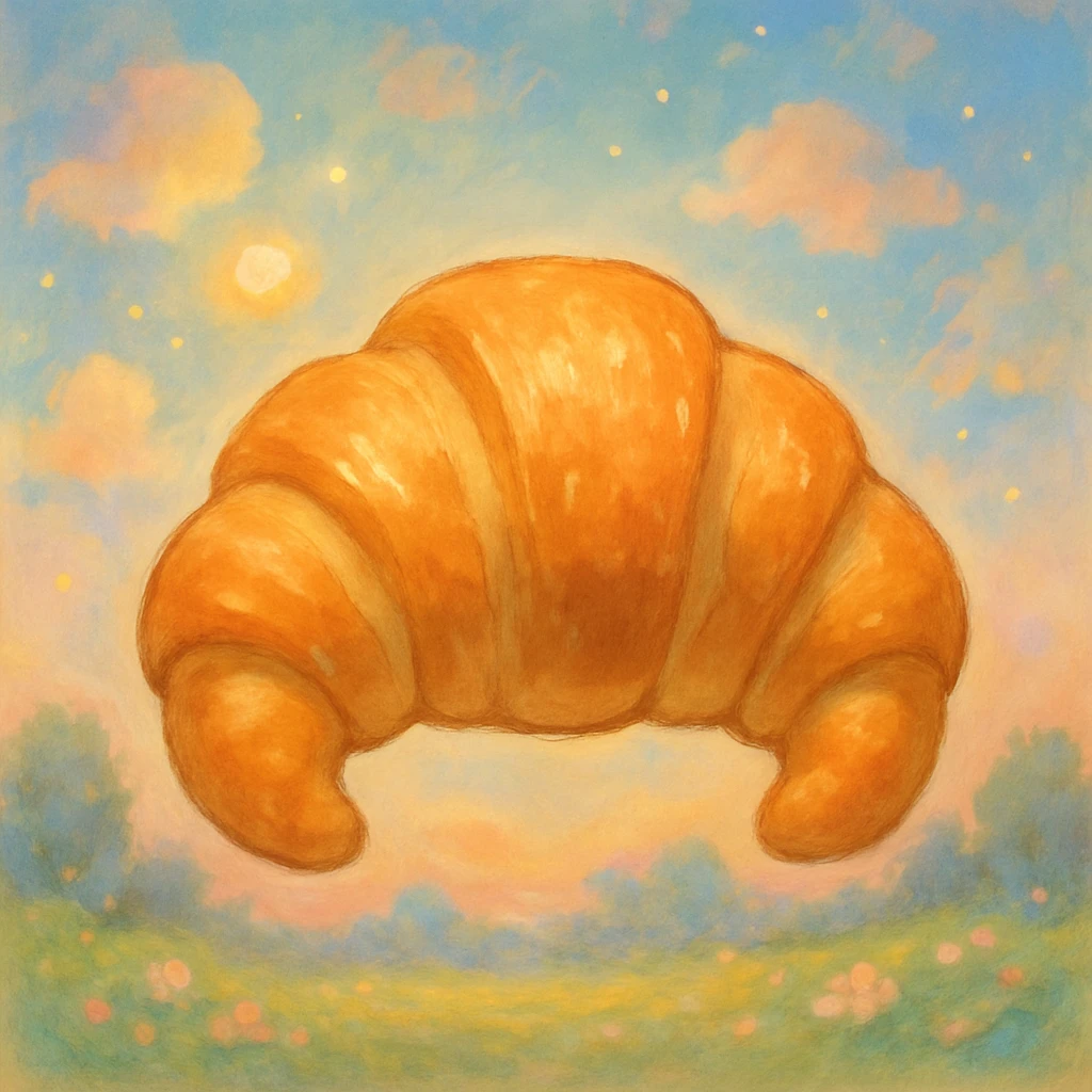 a croissant emoji in studio ghibli style, dreamy and inviting emoji