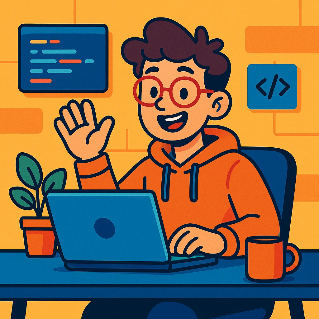 a cheerful young programmer at a laptop, waving and smiling, tech workspace, vibrant cartoon style emoji