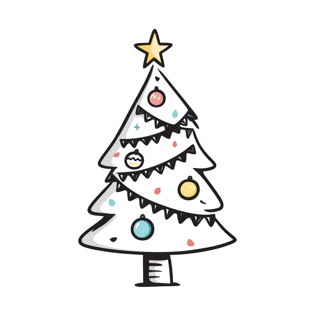 A Christmas tree with decorations in pastel colors (dd9fb0, ffc6d3, a3bfc9, c4bee2, f1b091), hand-drawn doodle style emoji