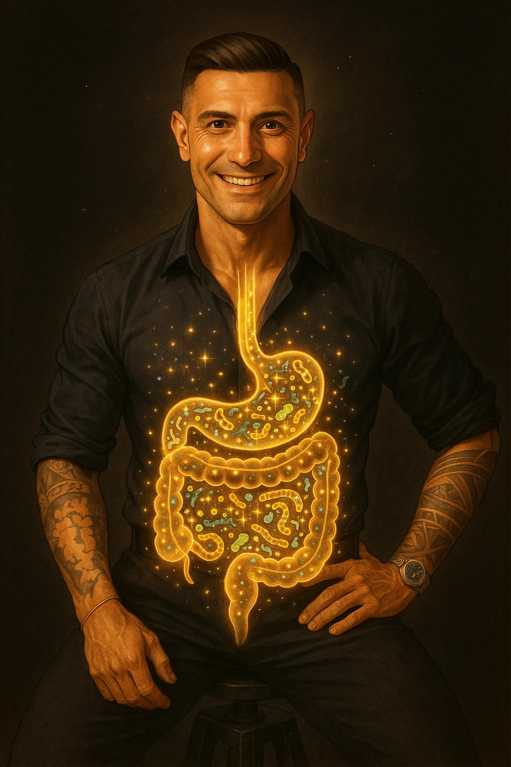 Radiant man with transparent digestive system showing diverse, thriving gut bacteria colonies in perfect balance, beneficial microorganisms glowing like constellation patterns throughout intestines, expression of optimal health and vitality, digestive tract functioning as harmonious ecosystem, immune system strengthened by microbial diversity, energy levels at peak performance emoji