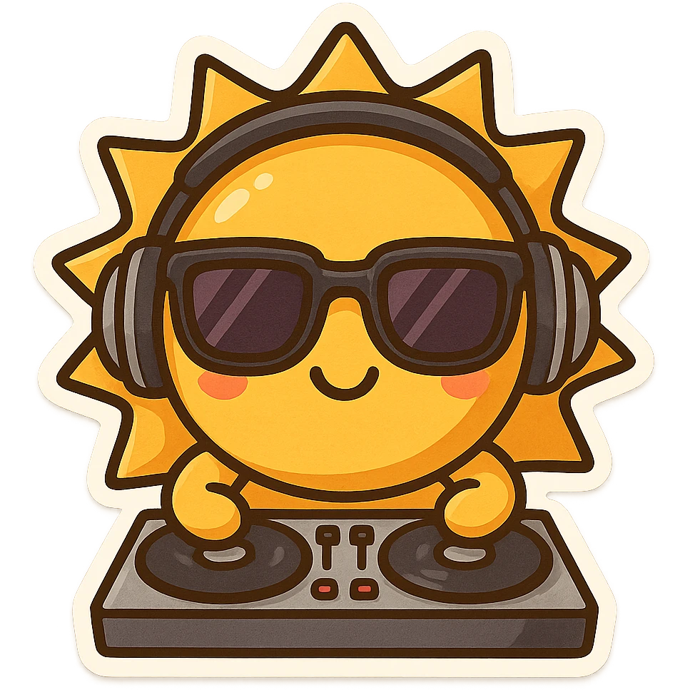 A smiling sun with headphones and DJ turntables, wearing stylish sunglasses, chibi stickers style, energetic and playful emoji