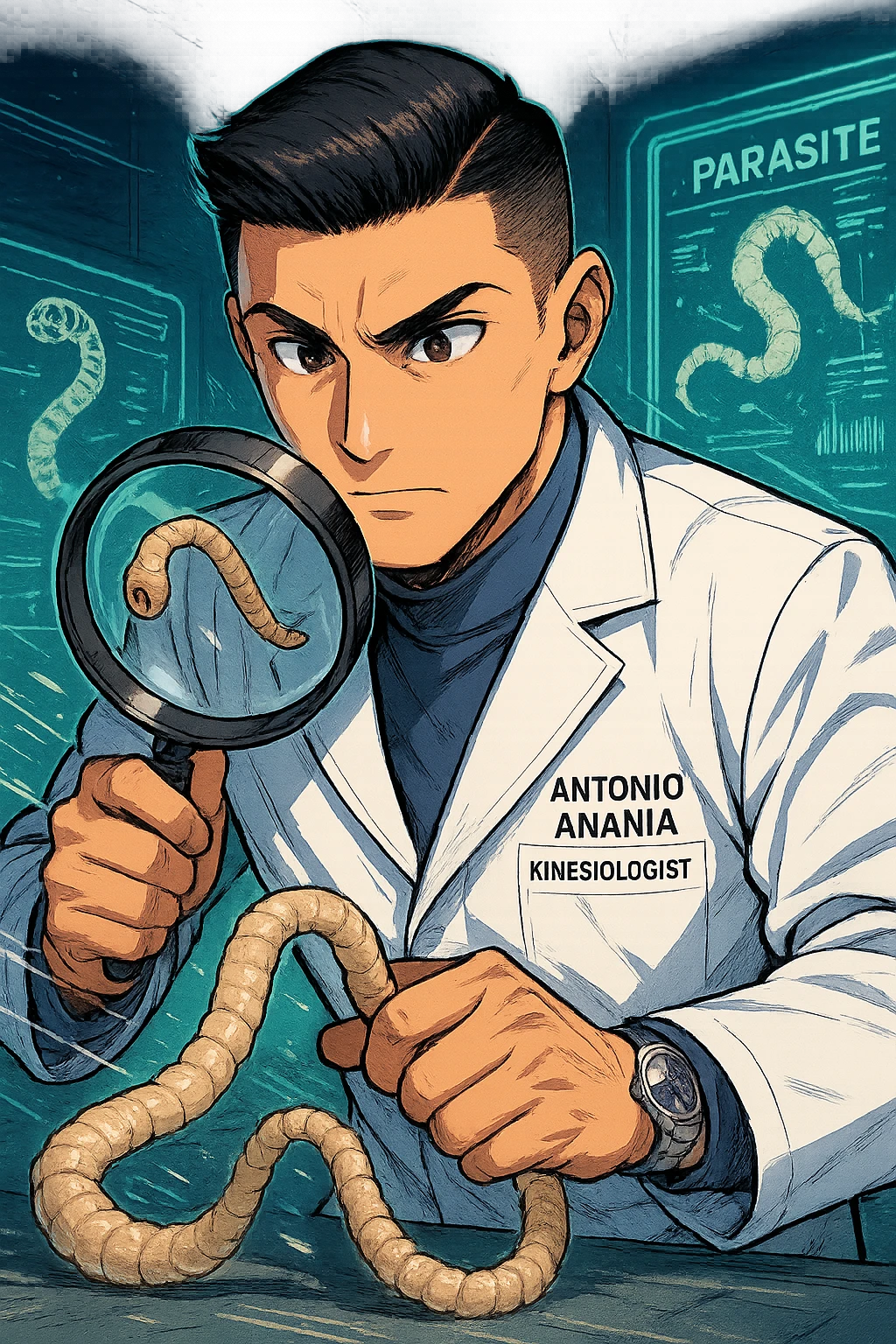 A dynamic manga/webtoon-style illustration of a young male kinesiologist wearing a clean white lab coat, analyzing light beige worms like a tapeworm under a magnifying glass. His expression is focused and slightly intrigued, with sharp, detailed eyes. The art style is vibrant, with bold linework, rich colors, and dramatic lighting. The background is a futuristic laboratory with glowing holographic screens displaying parasite data. The tapeworm is intricately drawn, slimy and segmented, with a slightly exaggerated yet realistic texture. The composition is dynamic, with motion lines or energy effects to emphasize his scientific investigation. The atmosphere is intense but not dark, keeping a balance between scientific seriousness and stylish manga aesthetics, he has "ANTONIO ANANIA" WRITTEN ON WHITE LAB COAT emoji