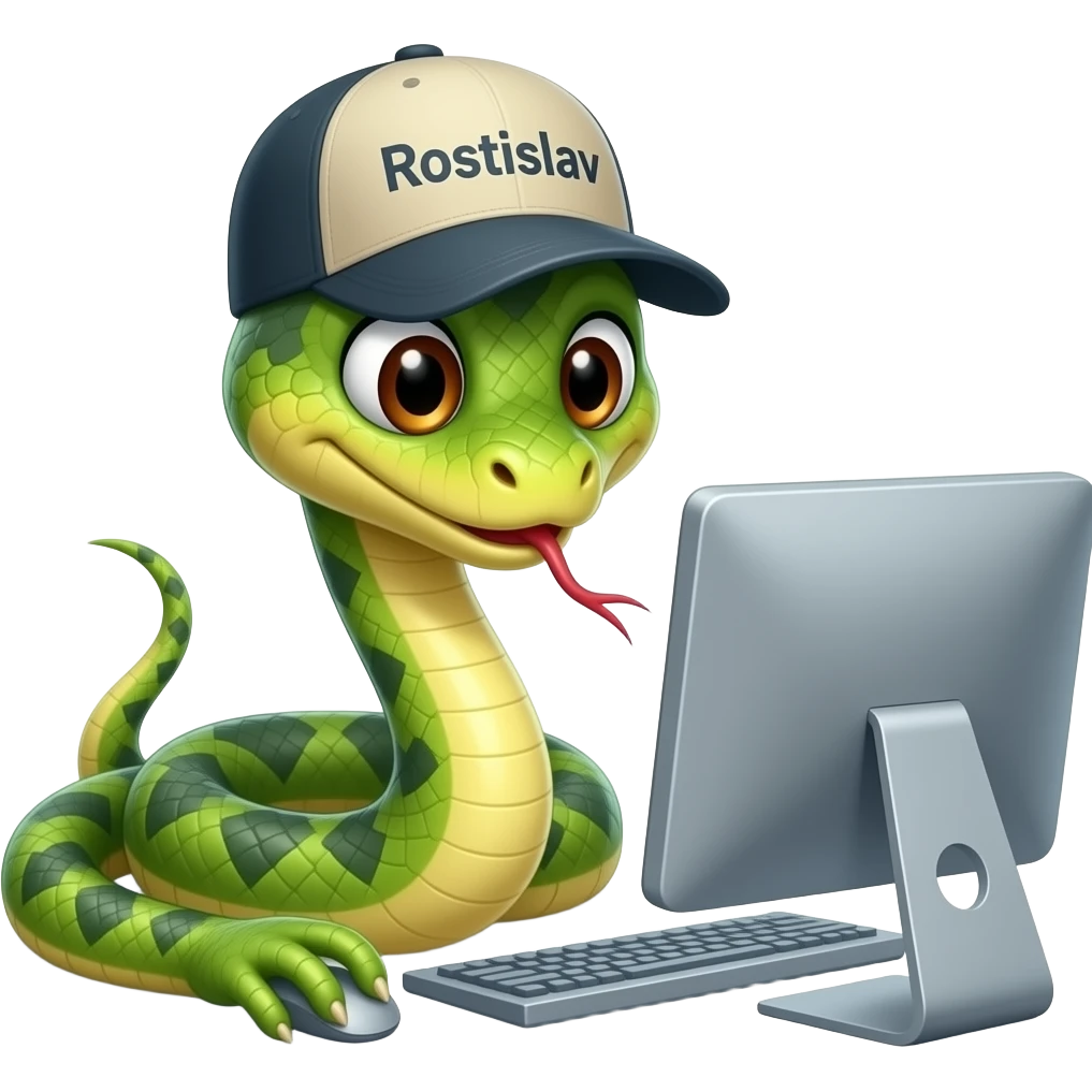 змея с карими глазами в кепке с надписью Ростислав играет в компьютер emoji
