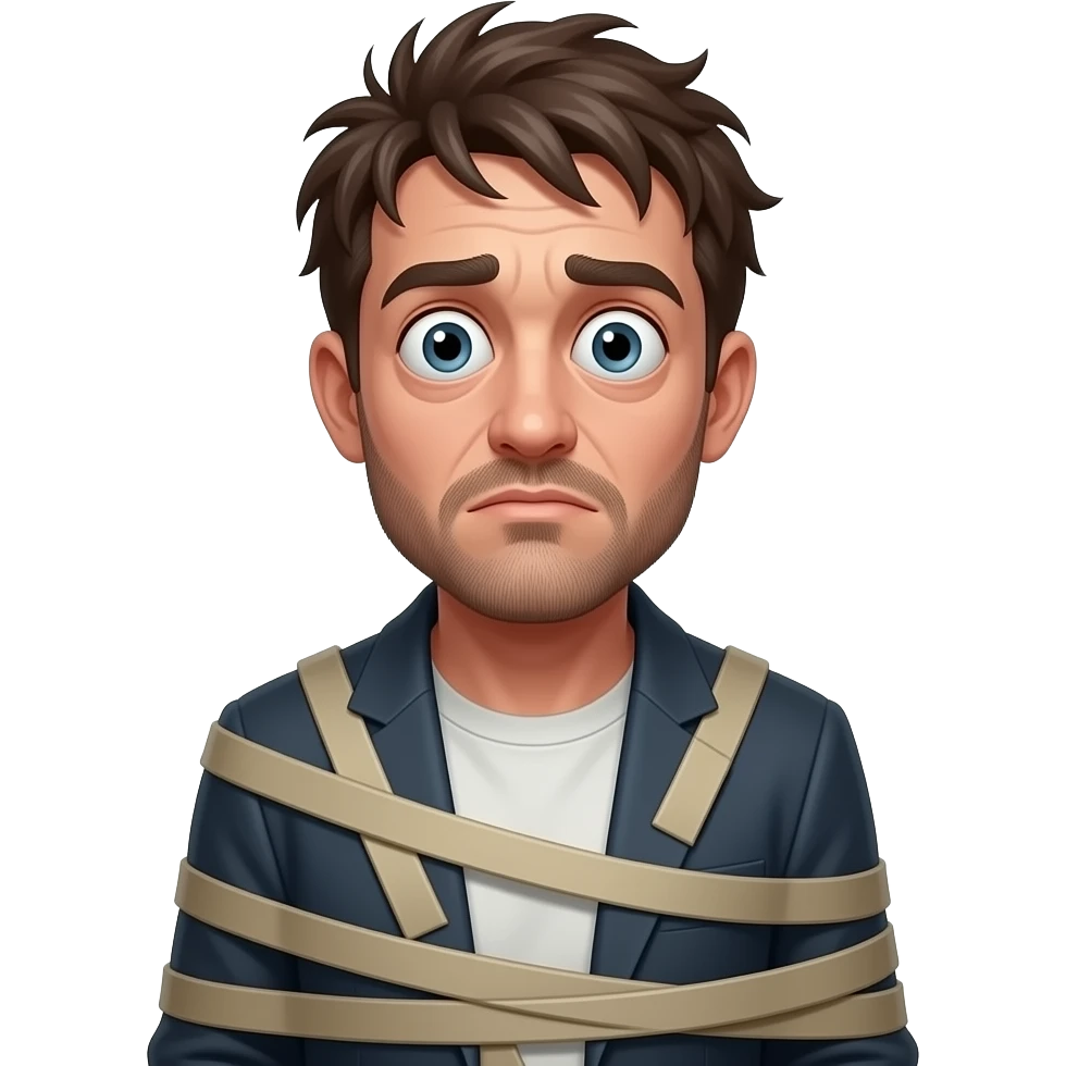 A crazy guy in a straitjacket with messy hair emoji