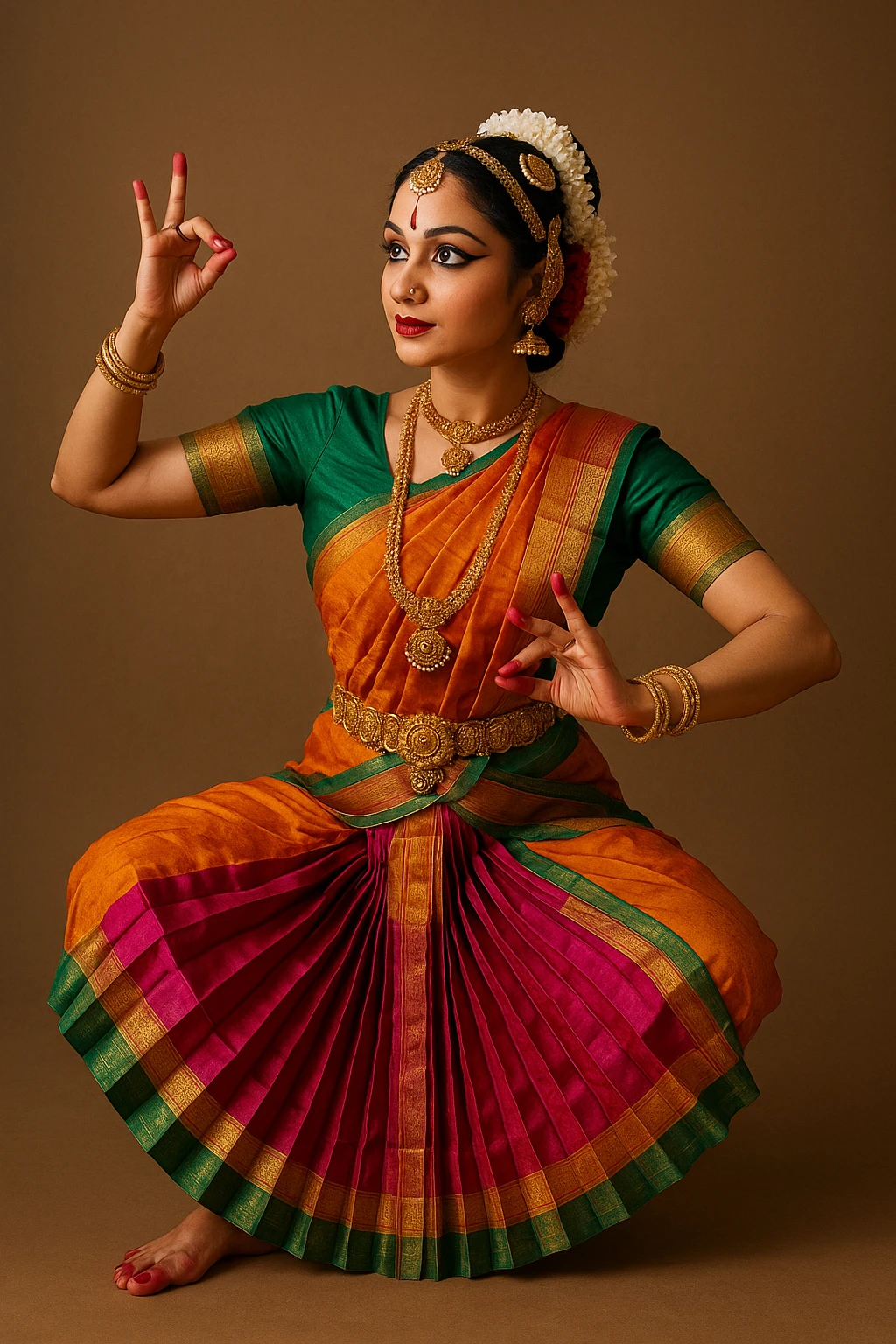 Bharatanatyam dancer, traditional Indian classical dance pose, ornate costume, jewelry, expressive hand gestures, vibrant colors emoji