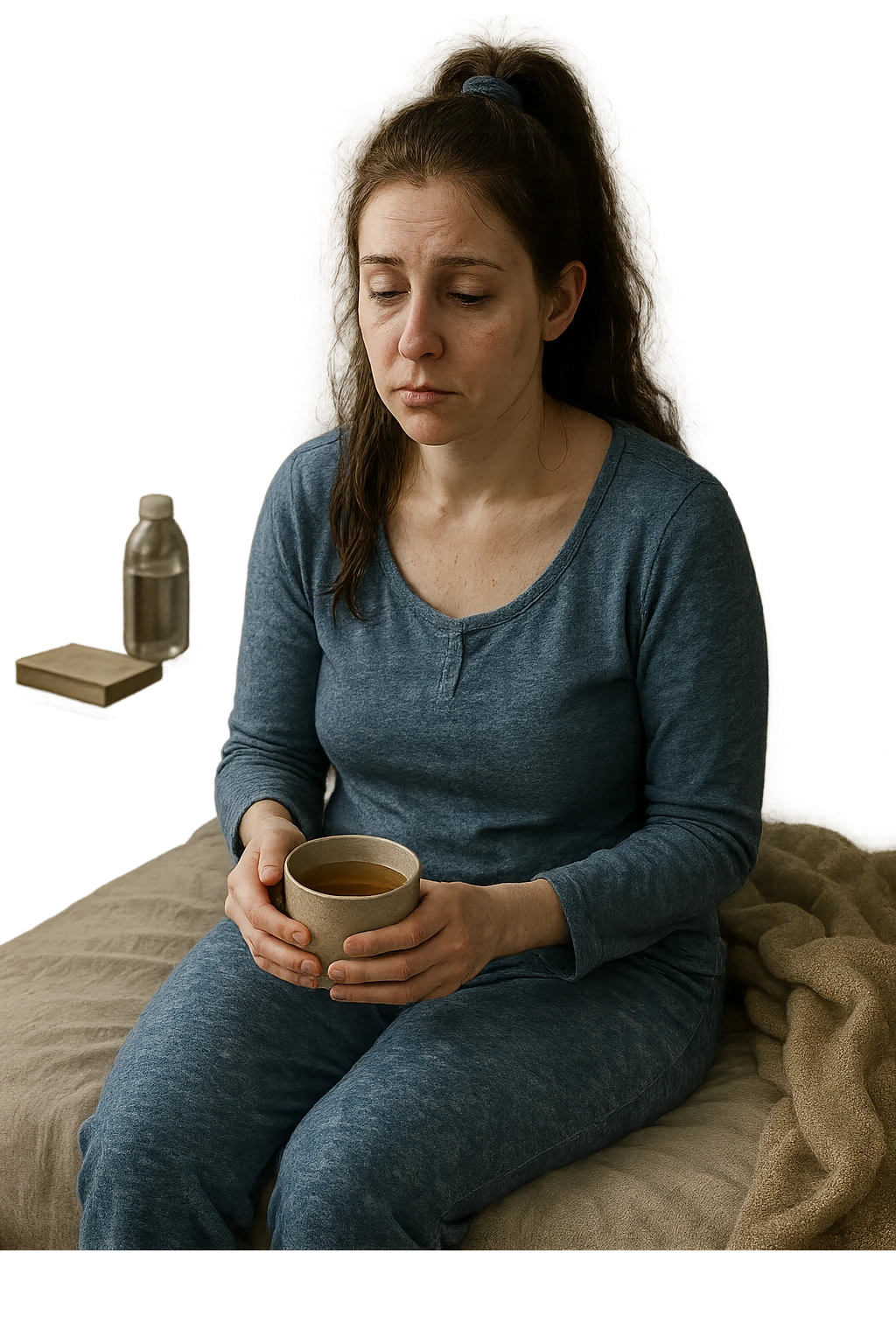 A realistic, cinematic illustration of a woman in her early 30s with a tired, pale appearance, sitting on the edge of her bed in a softly lit bedroom during the morning, looking exhausted and drained. Her posture is slightly slouched, and dark circles are visible under her eyes. She wears comfortable loungewear, holding a warm cup of herbal tea in her hands, seeking comfort. The scene includes a cozy yet slightly messy room with a blanket, a water bottle, and a book on the nightstand, emphasizing chronic fatigue. Soft natural light comes through the window, highlighting her expression of persistent tiredness despite rest, capturing the invisible struggle of chronic fatigue syndrome while maintaining dignity and a gentle aesthetic. emoji