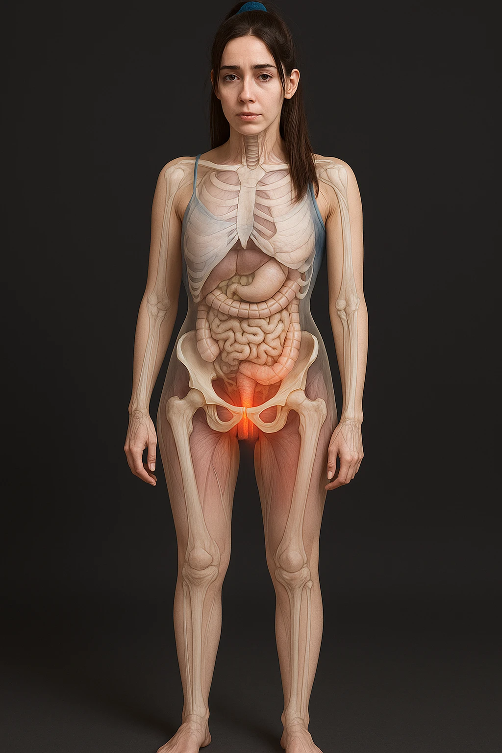 donna con dolore al pavimento pelvico dimagrire in 3D realistica,  immagine anatomica emoji