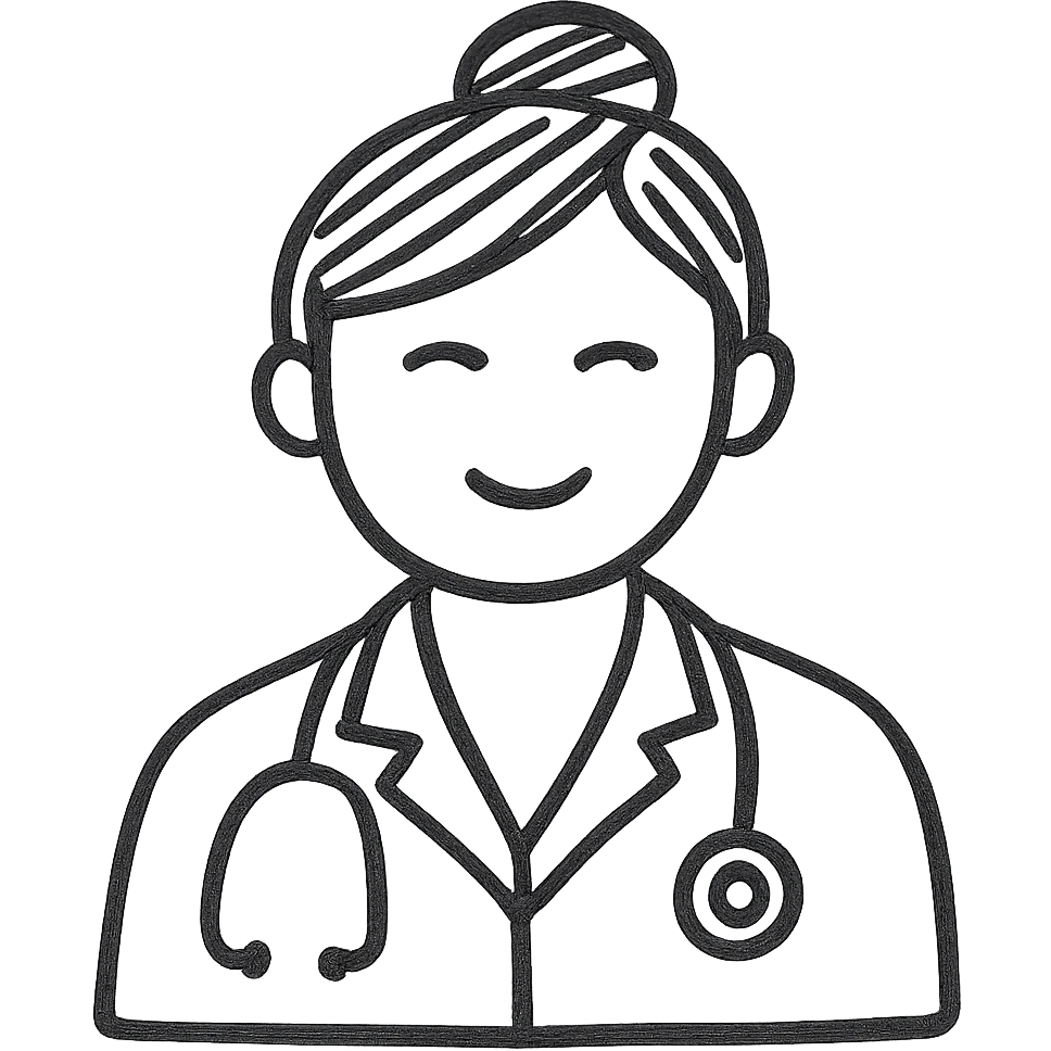 Female doctor with a different hairstyle, flat icon style, minimal details, wearing a white coat and stethoscope. Simplified and minimalistic flat icon style. emoji
