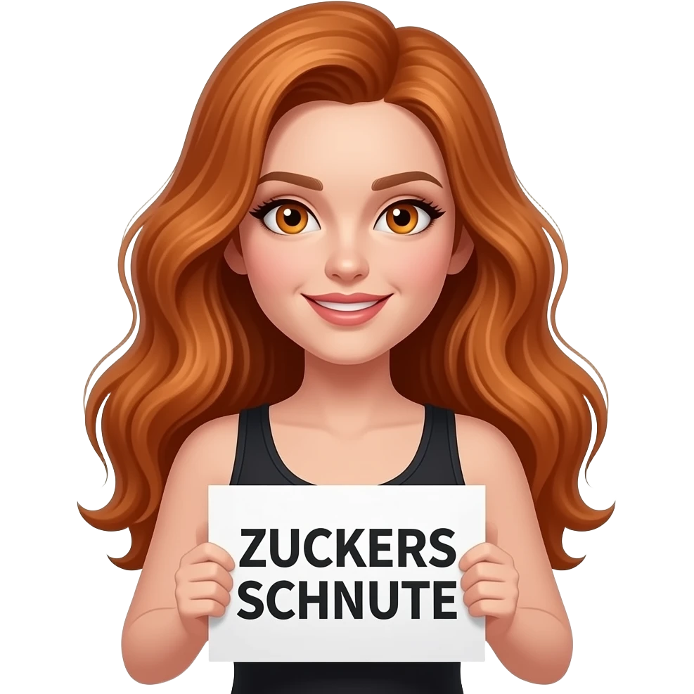 sexy girl with long wavy ginger hair and ginger eyes wearing a black tanktop is holding a white colored sign with ZUCKERSCHNUTE written on it emoji