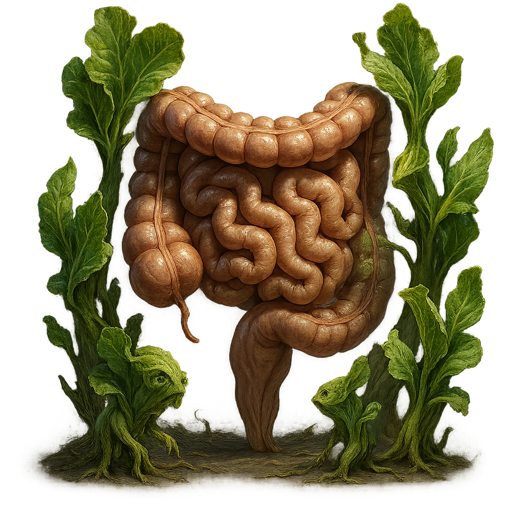 Ultra-realistic 4K illustration: stylized lettuce leaves depicted as plant-like creatures interacting with a human anatomical model of the intestine. The scene is surreal and scientific, with organic textures, refined biological details, dramatic lighting, and a bio-fantasy photorealistic style emoji