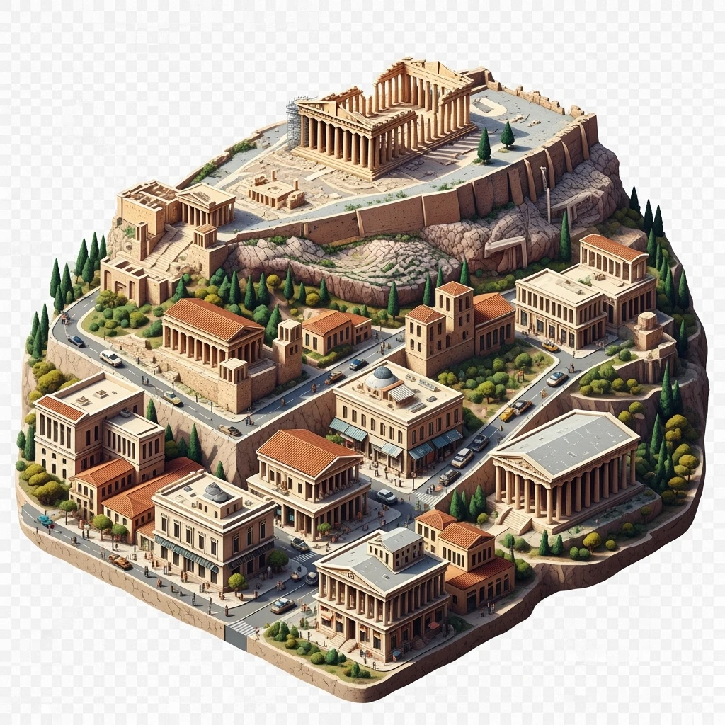 Isometric illustration of Athens, featuring the Parthenon on the Acropolis hill, highly detailed in semi-realistic style balanced between stylized and realistic, 3D miniature effect, transparent background. emoji