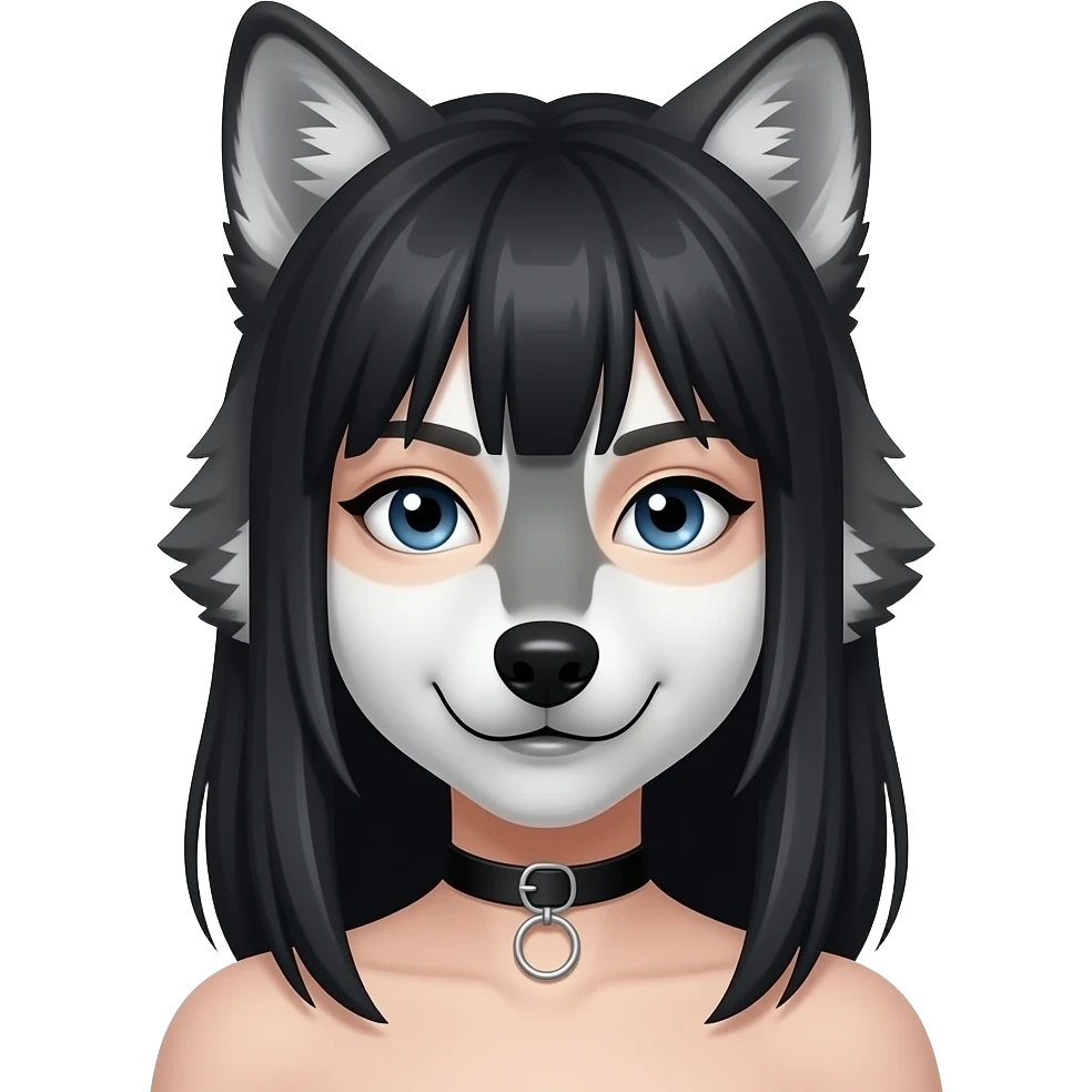 wolf boy black hair human face asian feminine add black collar pale skin emoji