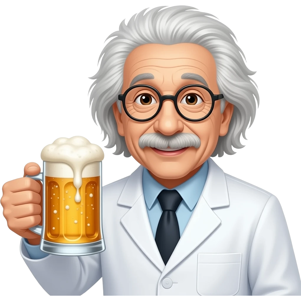 ейнштейн з пивом, в білому халаті, щасливий emoji