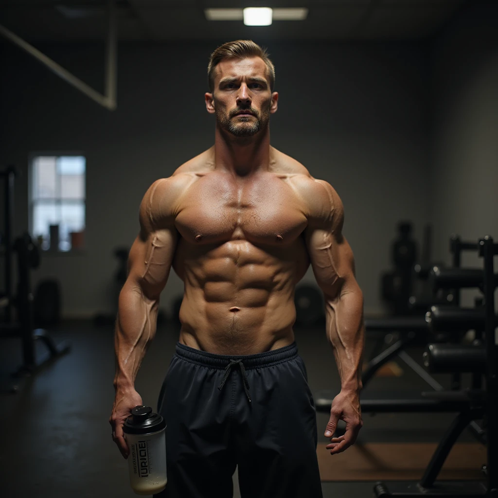 realistic bodybuilder man, cutting phase, very lean body, dry and less full muscles, visible veins, lean appearance, in front of mirror, doubtful expression, gym background, dim light, protein shaker on bench emoji