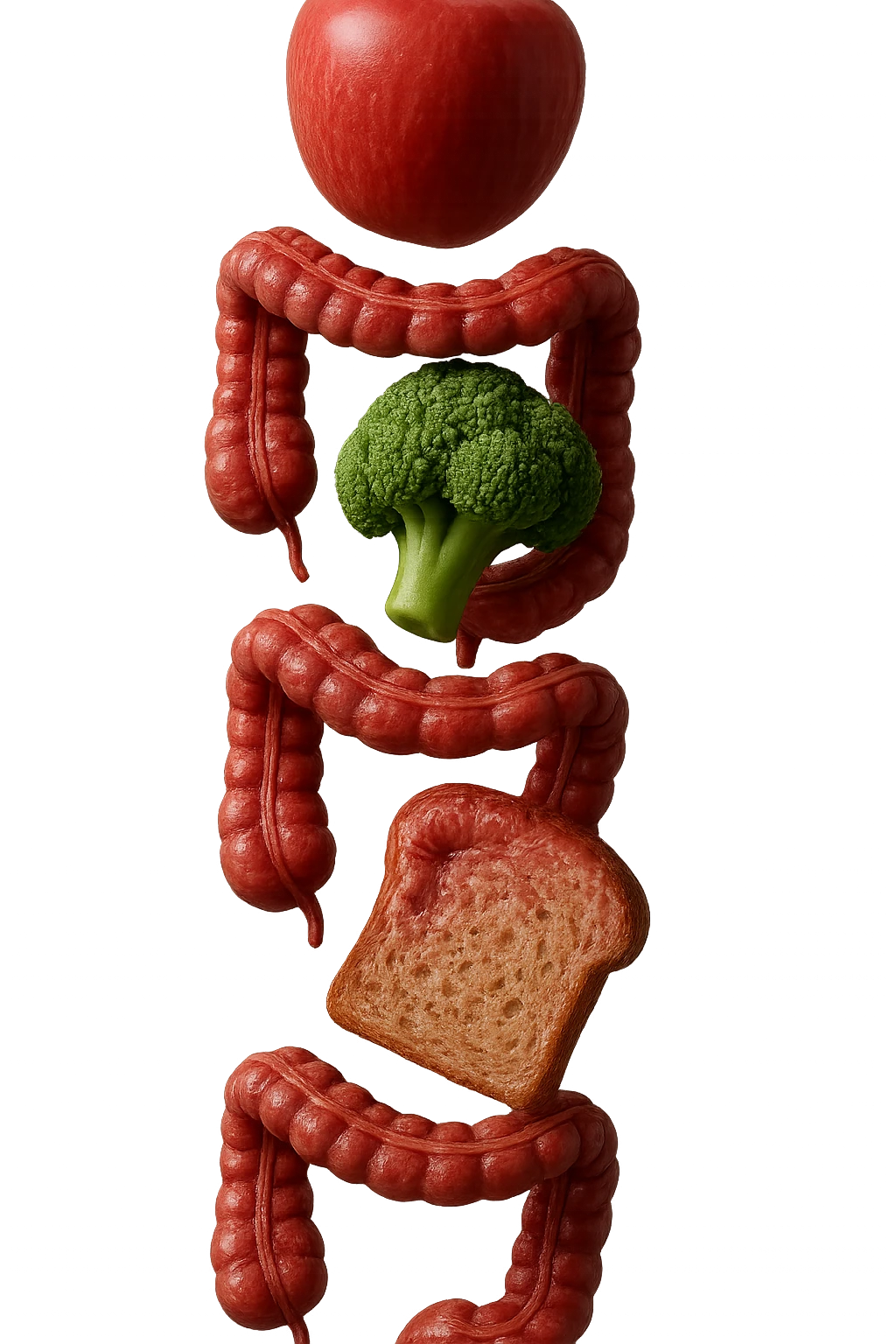emoji stile iphone in 3d di cibo sano che fluttua in aria vericalmente insieme ùa pezzi di colon umano anatomico, iperrealistico 4k emoji