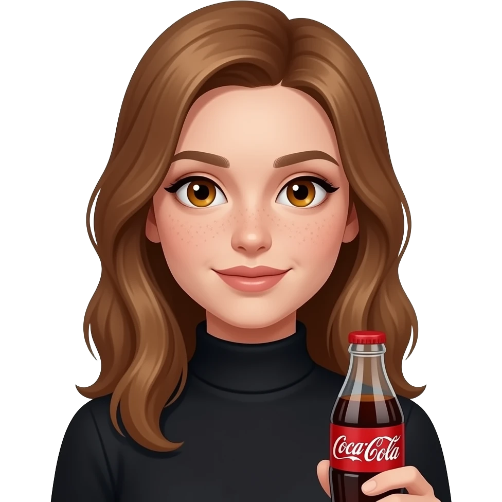 girl with light brown hair with amber eyes drinking a diet coke wearing a black turtle neck and she has freckles and soft brown makeup emoji