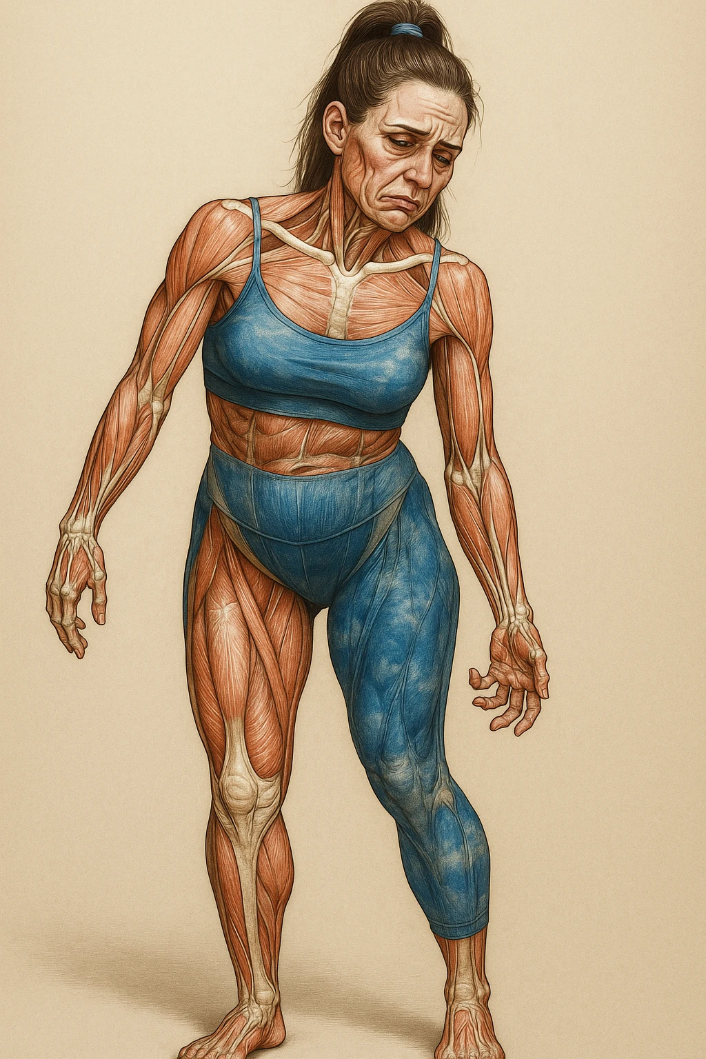 Donna in abbigliamento sportivo, postura asimmetrica, stile medico realistico, muscoli e ossa visibili, segni specifici di stress cronico: mascella serrata, spalle sollevate, rughe sulla fronte, occhiaie marcate, mani contratte, sfondo neutro, formato verticale. emoji
