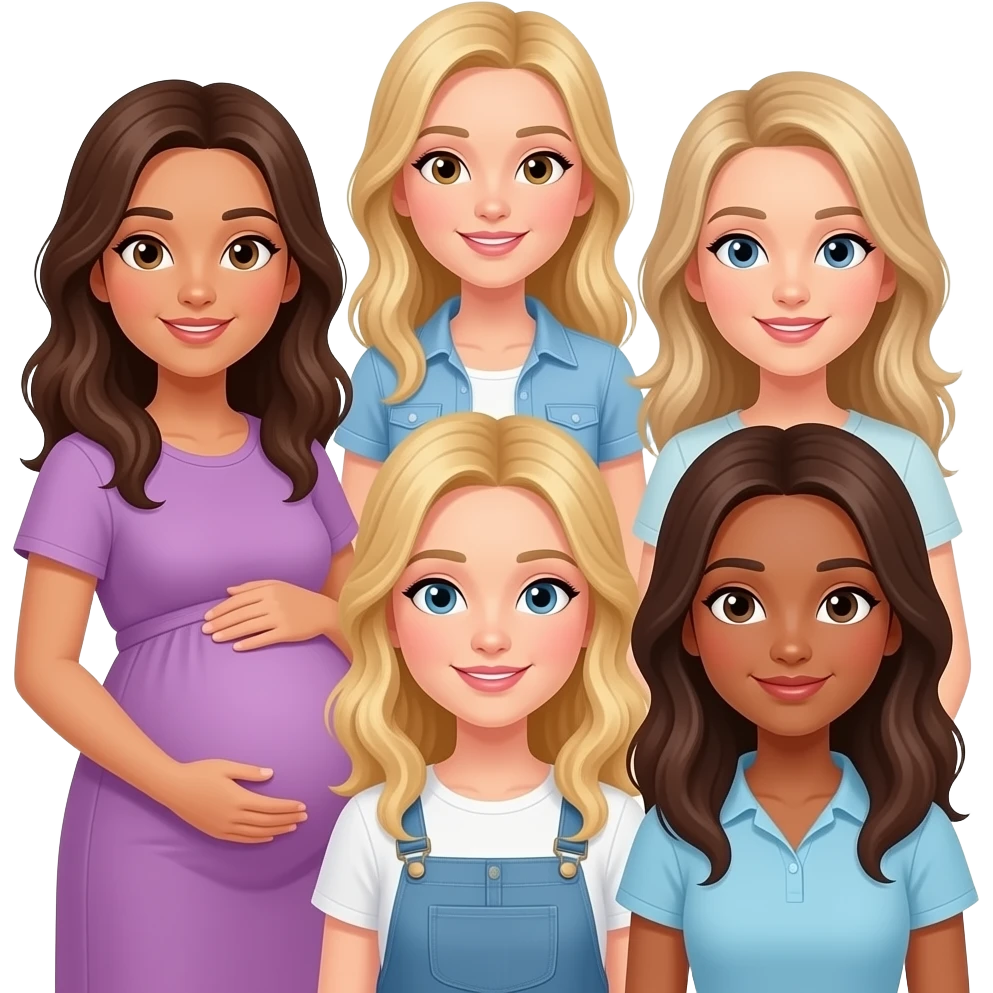5 American girl friends: a brunette who is pregnant, a dirty blonde tall thin, a blonde thin, a dirty blonde thin, a brunette emoji