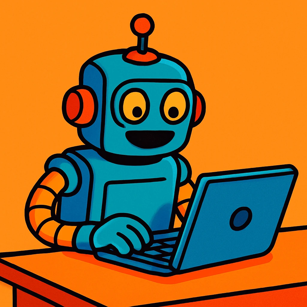 robot working on a laptop, vibrant cartoon style emoji