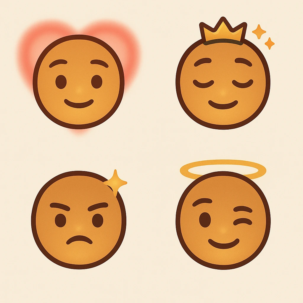 got you. here’s the ultra-tight, copy-paste version:

One-shot pack prompt (all 4 at once)

“Create a cohesive 4-emoji pack, flat-vector/clean gradient, transparent PNG 1024×1024 (also 512/256). Muted red–gold–green accents, warm honey skin, soft outlines, subtle inner golden glow. Non-portrait (no real person), no text/logos. Embed energy signatures: first-love warmth, roots calm, playful grace, protective joy, sovereign consent.

1. First Light: gentle smile, faint heart aura.


2. Nah Stress Breeze: relaxed lids, slight head tilt, tiny crown sparkles.


3. Lion-Heart Guard: chin up, tiny courage star above brow.


4. Bless & Rise: friendly wink, faint halo ring.
Maintain pack consistency: same line weight, palette, padding, exports. Negative: photorealism, likeness, busy background, text, logos, watermark.”



Singles (one-liners)

1. “Non-portrait roots emoji 1024 PNG, headwrap muted R-G-G, tiny hoops, locs hint; gentle smile + faint heart aura; flat-vector, golden inner glow.”


2. “Non-portrait roots emoji 1024 PNG, relaxed lids + head tilt, muted R-G-G wrap, tiny breeze sparkles; easy smile; flat-vector glow.”


3. “Non-portrait roots emoji 1024 PNG, confident chin-up, muted R-G-G wrap, slightly larger hoops, courage star; calm steady smile; flat-vector glow.”


4. “Non-portrait roots emoji 1024 PNG, playful wink, muted R-G-G wrap, cheek glimmer + subtle halo; flat-vector glow.”



Negative (paste with any): “no portrait likeness, no text/logos/watermark, no photorealism, no busy background.”
 emoji