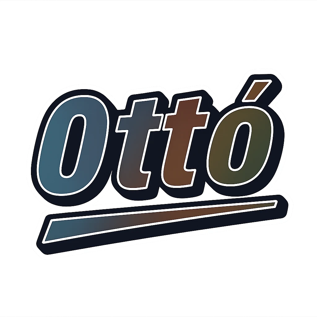 Ottó name in masculine, modern, gradient font with precise Hungarian characters, dark outline, extra thick, prominent white border as in reference images, dynamic slanted underline, masculine color shades (blue, gray, burgundy, green, brown), 1000x1000 px, PNG, transparent background emoji