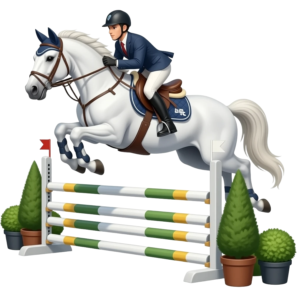 Caballo blanco bonito con montura y un jinete; y saltando un salto emoji