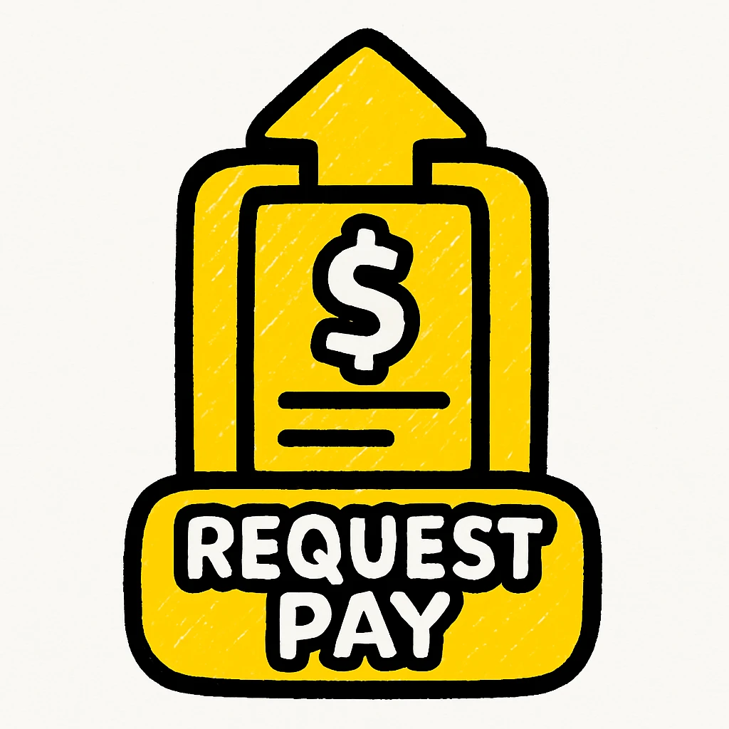 An icon with yellow background, white inner lines, meaning Finance, request to pay. emoji